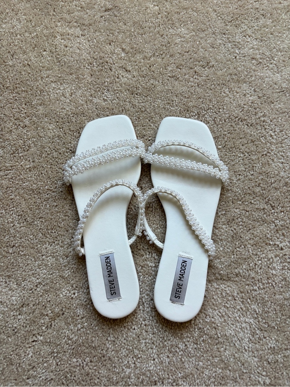 Steve Madden Pearl-Strap White Slide Sandals